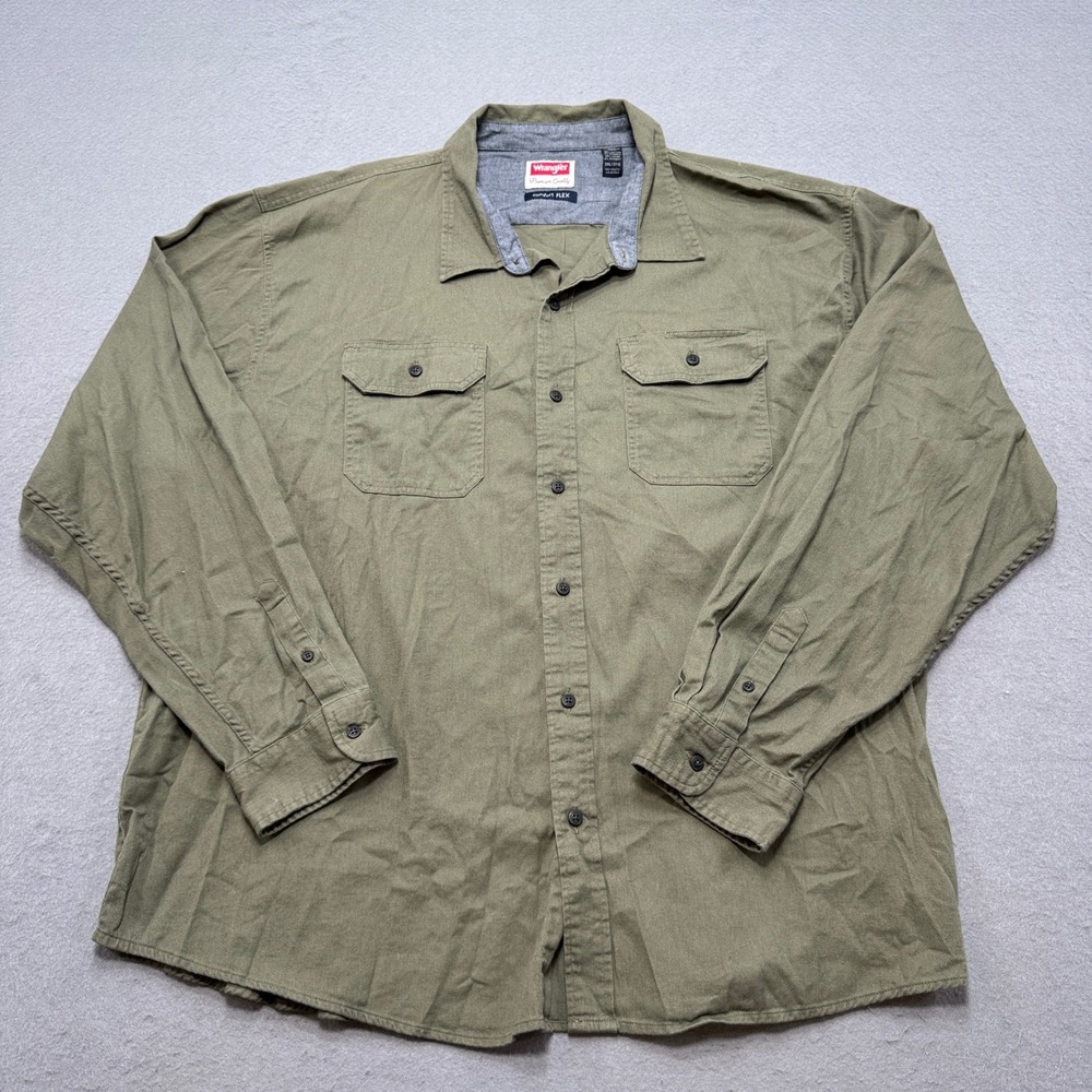 Wrangler‎ Premium Shirt Men's 3XL Olive Green Button Up Comfort Flex Long Sleeve